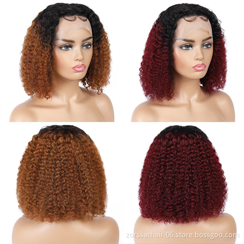 Usexy transparent lace wigs pre-plucked bob lace frontal pixie curls wigs kinky curly brazilian ombre colored bob human hair Wig